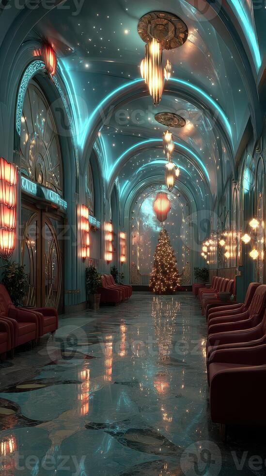 Luxurious hallway with elegant decor and a Christmas tree during a festive evening celebration photo
