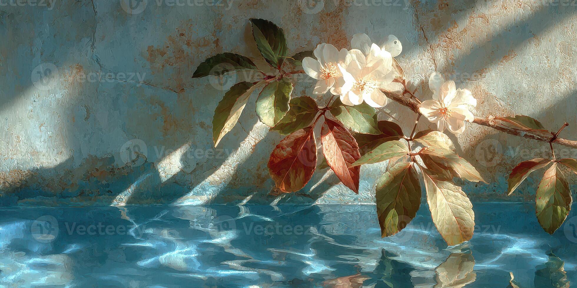 Delicate blossoms reflect softly on the shimmering water surface in a serene environment photo