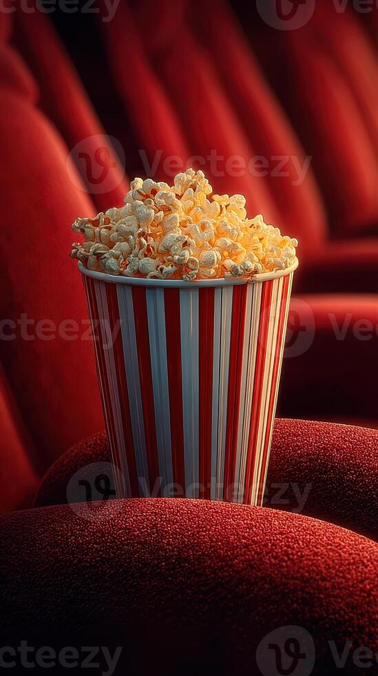 Popcorn sits in a striped cup on a red theater seat ready for movie enjoyment photo