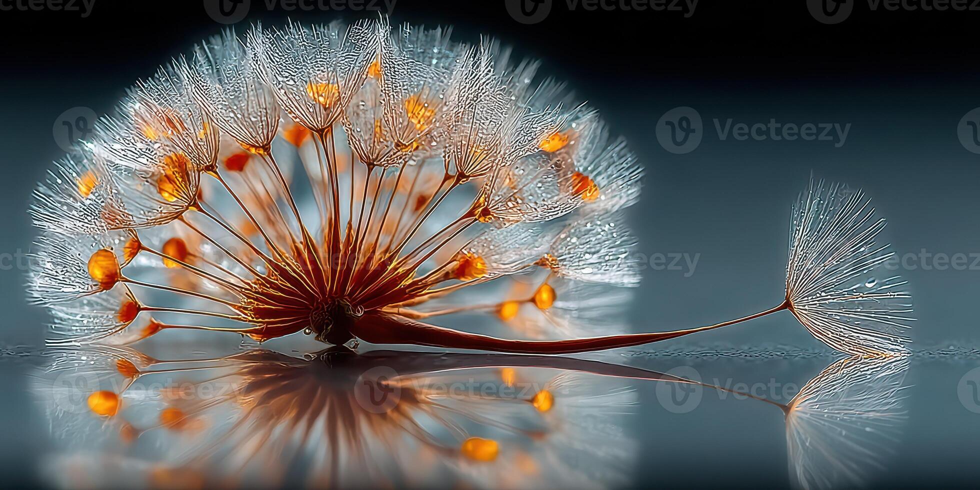 Delicate dandelion seed showcasing intricate details against a dark background with soft reflections at dawn photo