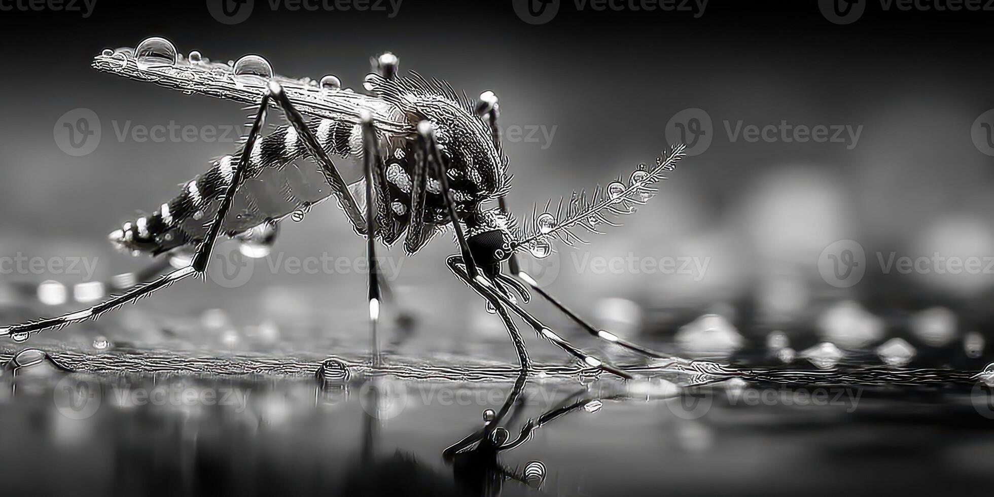 Close-up of a mosquito perched on a wet surface with water droplets in a black and white setting highlighting intricate details photo