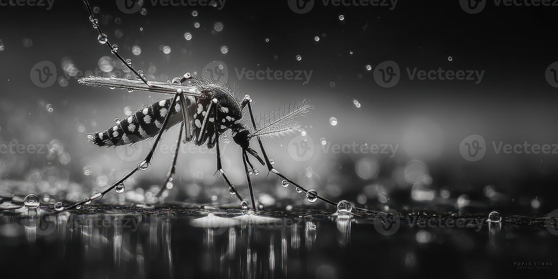 Close view of a mosquito standing on a wet surface during rain, highlighting droplets around its body photo