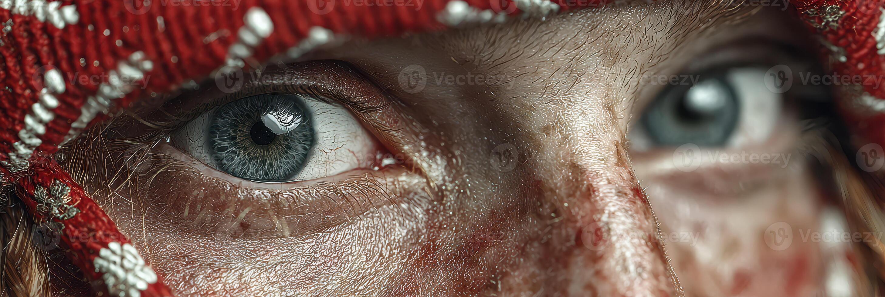 Close-up of a person with striking blue eyes and a textured face, wearing a red knitted cap in a rugged outdoor environment photo