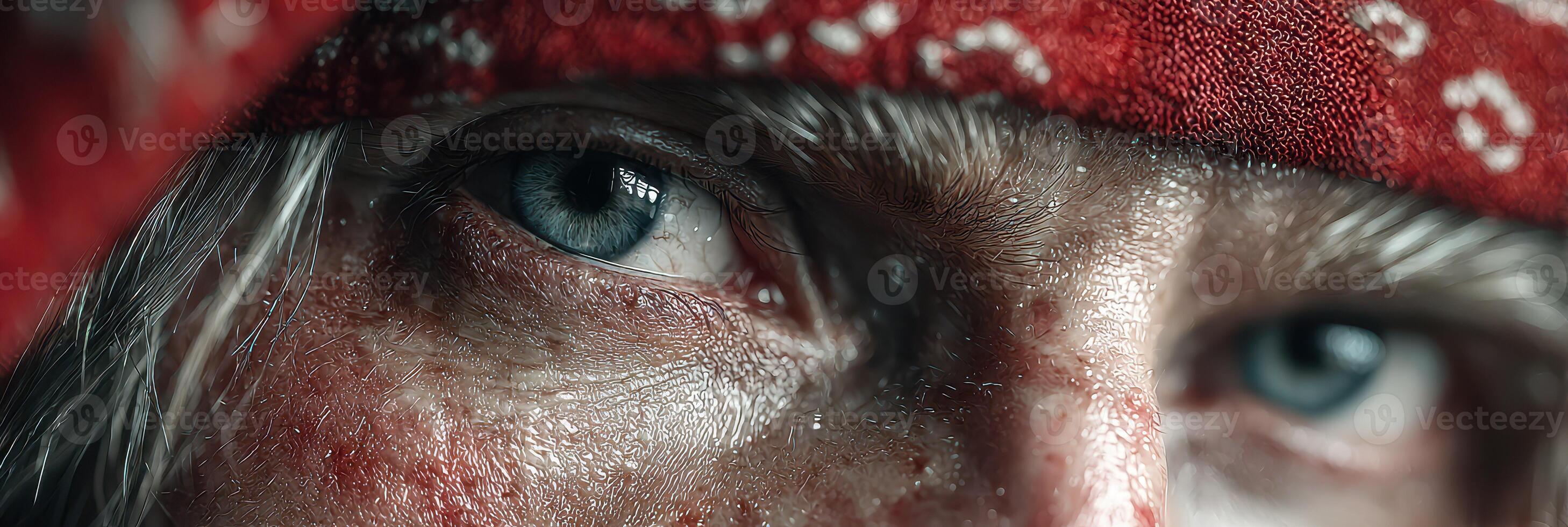 Close-up of a rugged individual with striking blue eyes and a red headband, showing determination and resilience in a raw environment photo