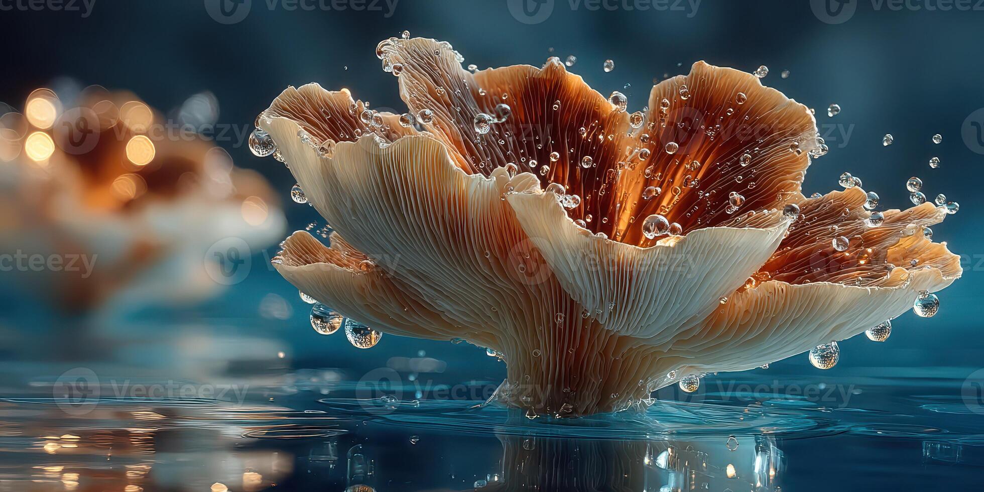 Delicate water lily blossoms emerging through droplets at dawn in a serene pond setting photo
