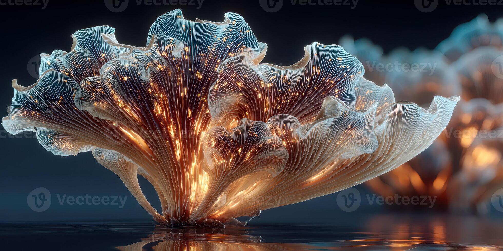 Glowing fantasy mushrooms with intricate details in a serene setting at twilight photo