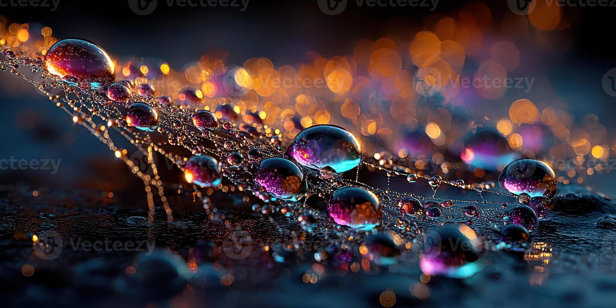 Water droplets reflect colorful lights in a mesmerizing display on a surface at dusk photo
