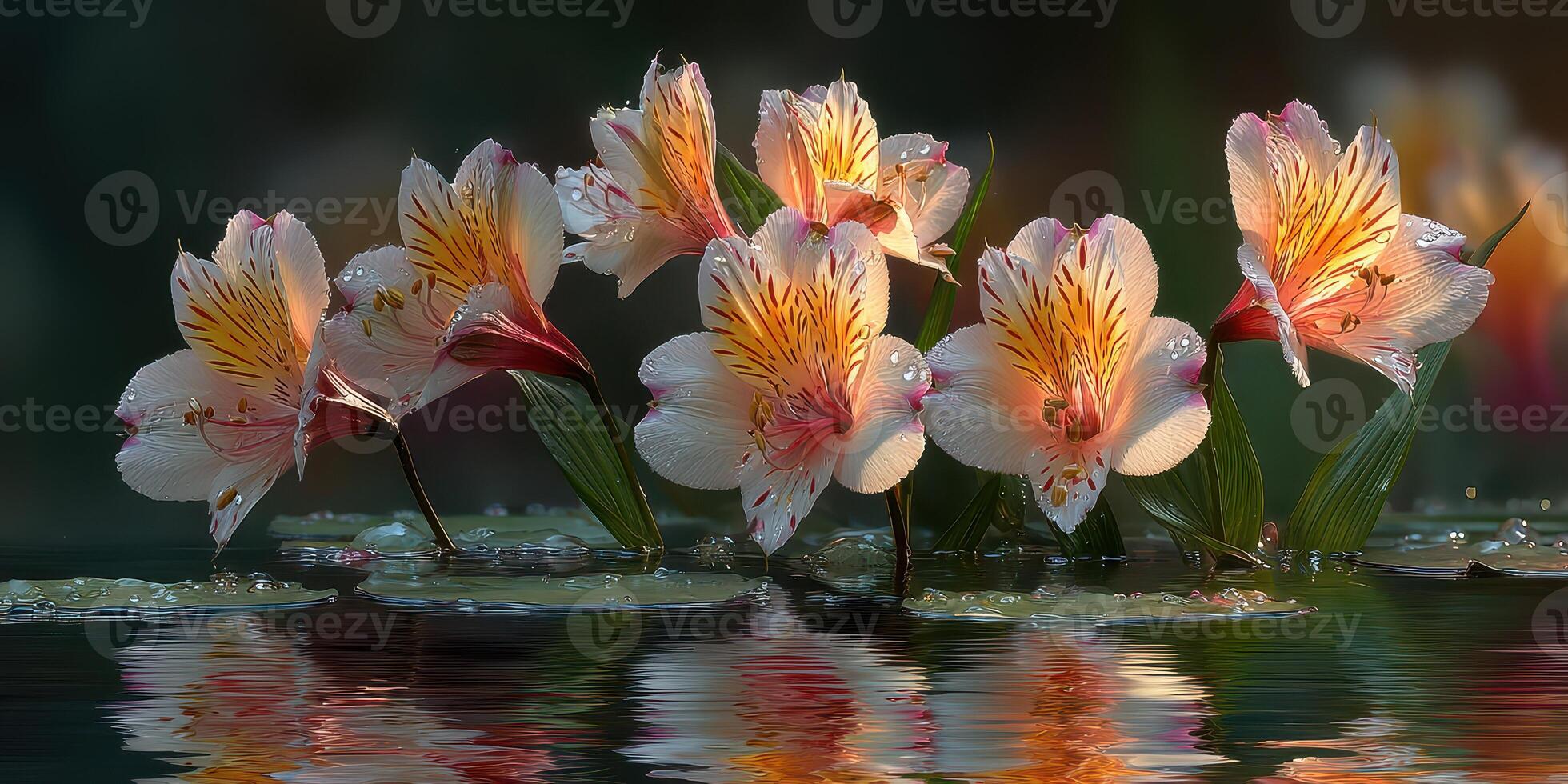 Colorful flowers reflecting in calm water in a serene natural setting at sunset photo