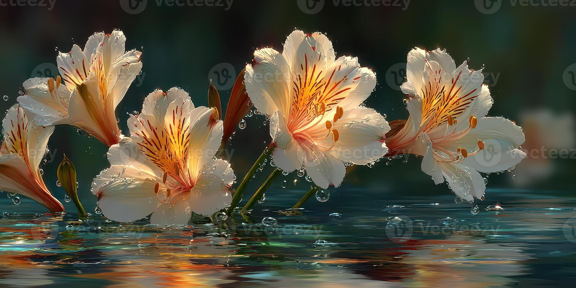 Beautiful white flowers blooming in water with droplets reflecting sunlight in a serene garden setting photo