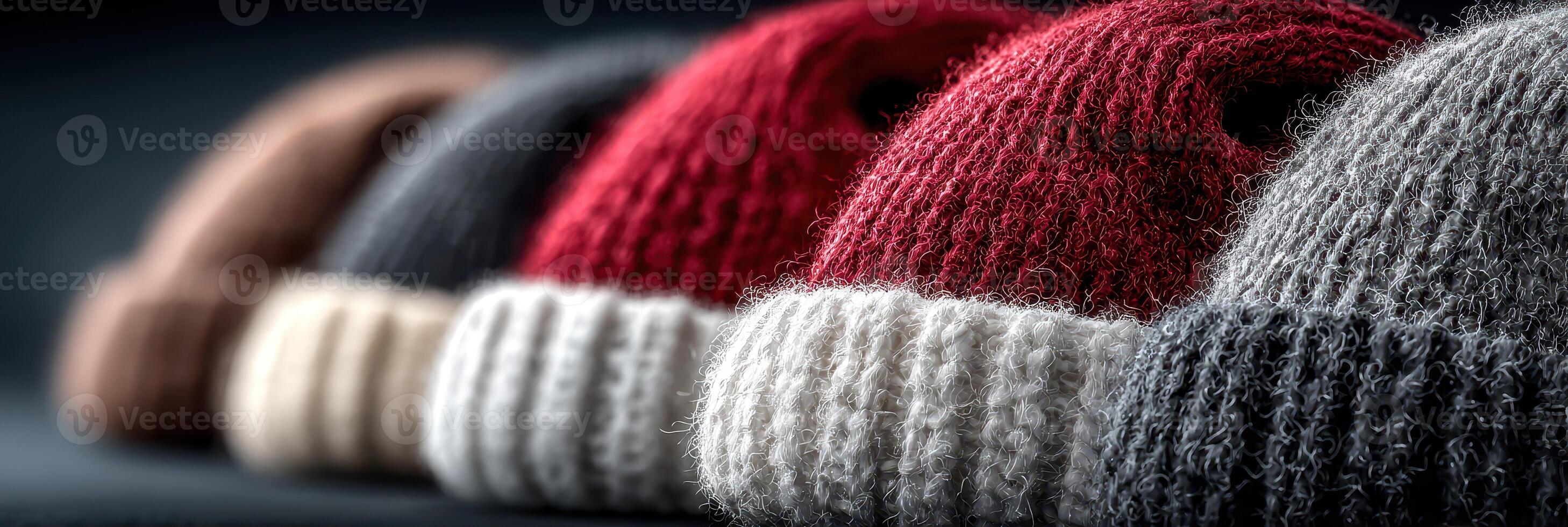Assortment of winter hats displayed in varying colors and textures on a dark background photo