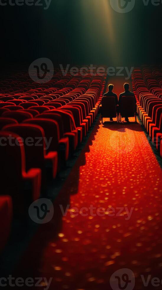 Two people sitting together in a nearly empty theater with red seats during a quiet moment of reflection photo