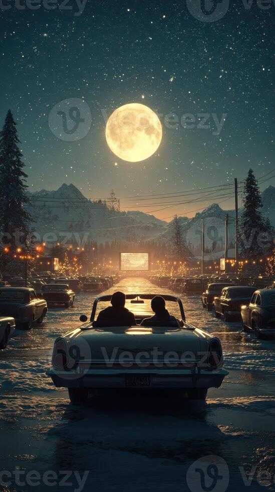 Couples enjoy a romantic night under a full moon at an outdoor drive-in movie theater in winter photo