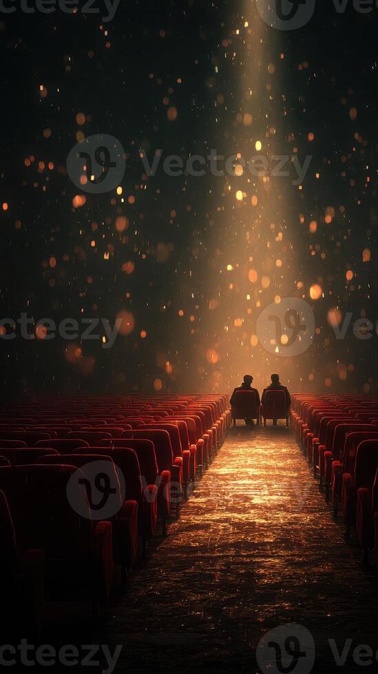 Two figures sitting in an empty theater illuminated by a spotlight during a quiet moment photo