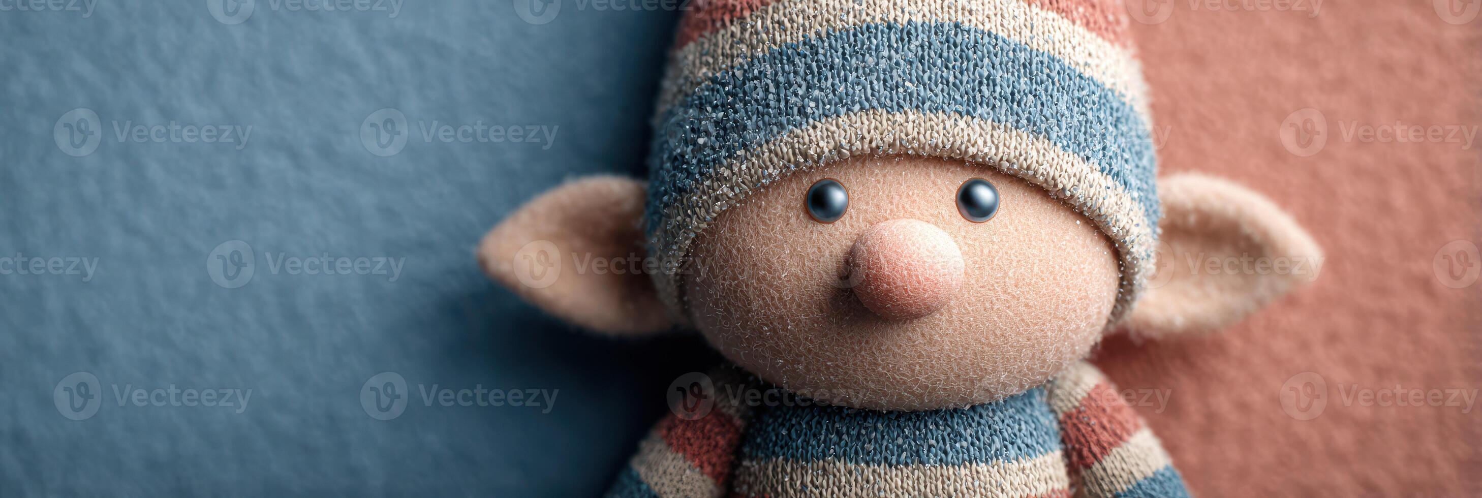 Colorful plush elf toy positioned against a textured background with blue and peach hues in a cozy indoor setting photo