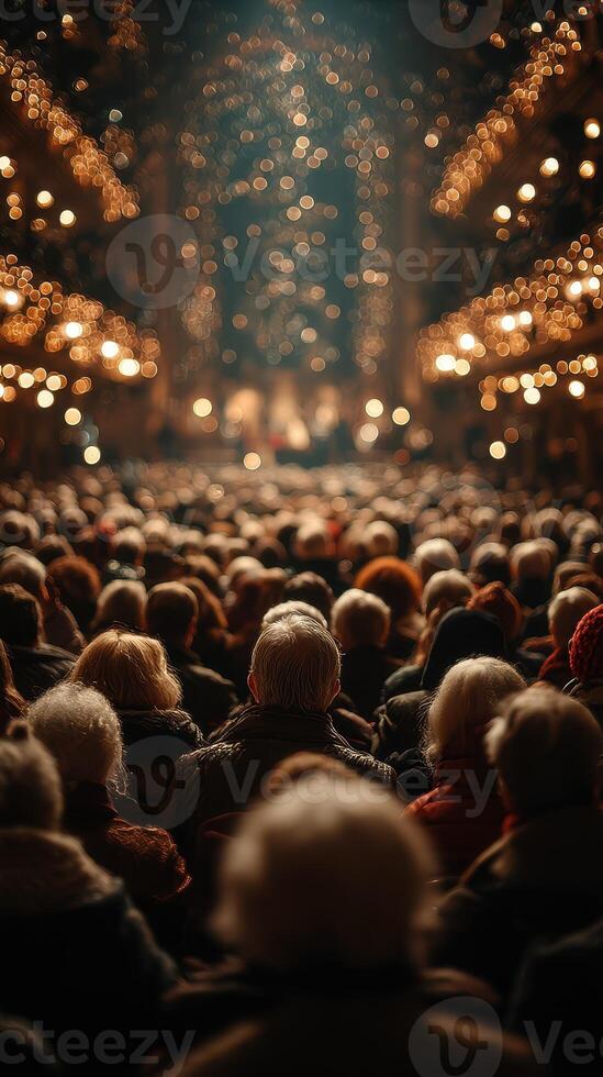 Crowd gathered in a grand theater during a nighttime performance with sparkling lights photo