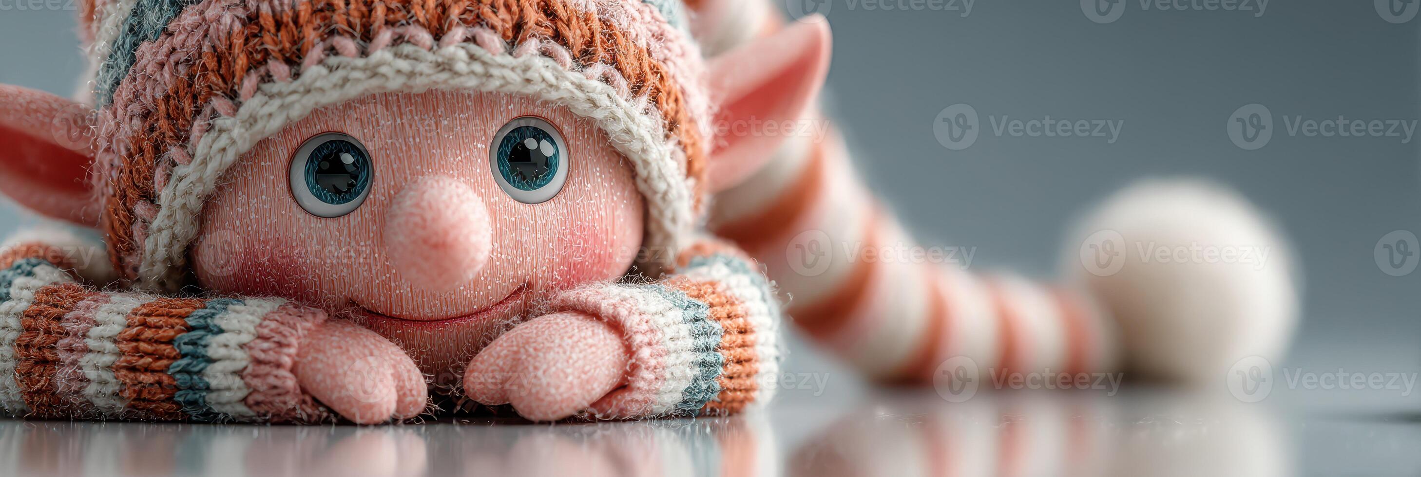 Cute elf doll wearing a striped hat and cozy outfit, sitting on a reflective surface, with a cheerful expression and big blue eyes photo