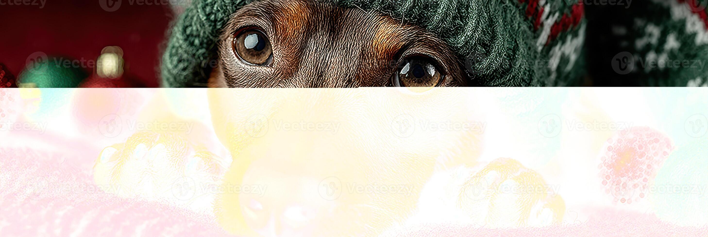 Cute dog wearing a cozy sweater poses with festive decorations during the holiday season photo