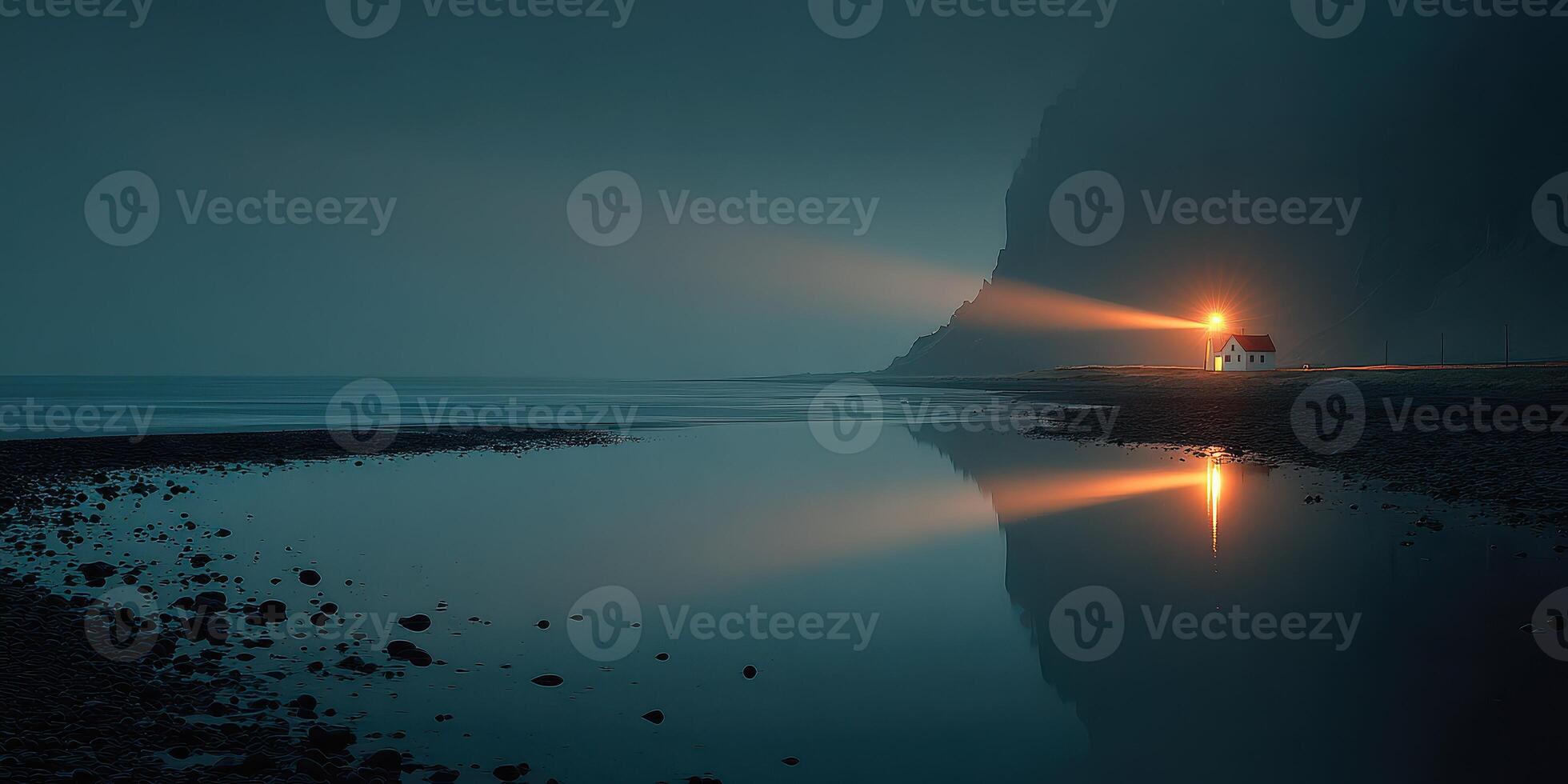 Lighthouse illuminating the coastline at dusk with calm waters reflecting its warm glow photo