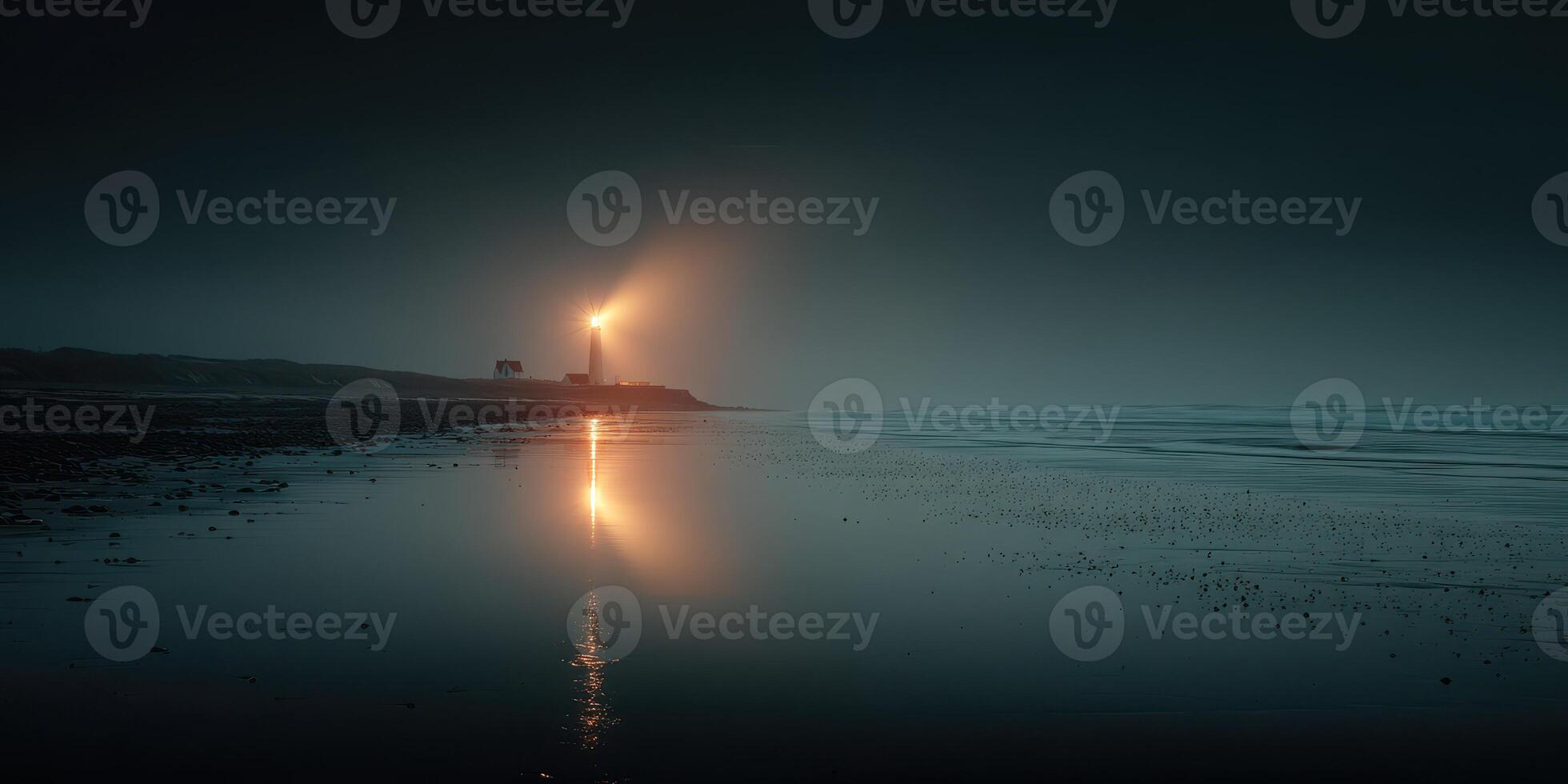 Coastal lighthouse illuminated by fog at dusk reflects on calm waters photo