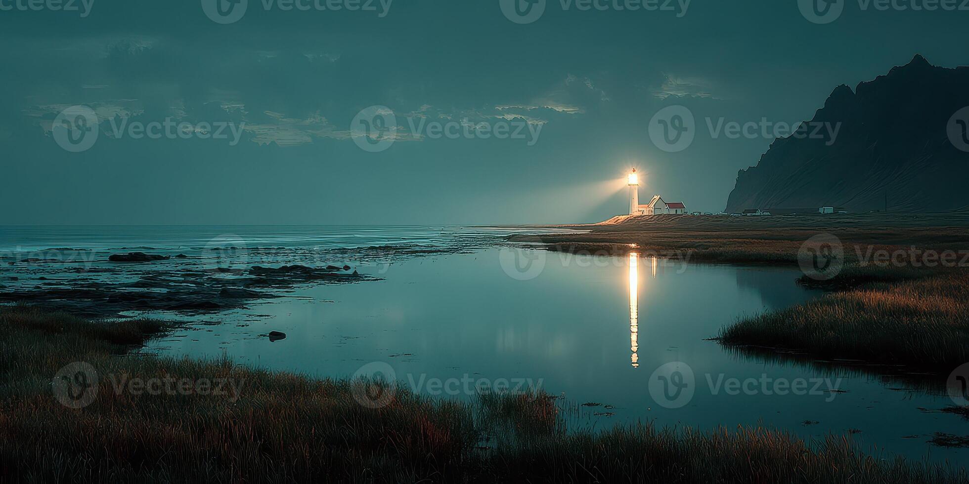 Lighthouse illuminating the calm waters during twilight near the rugged coastline photo