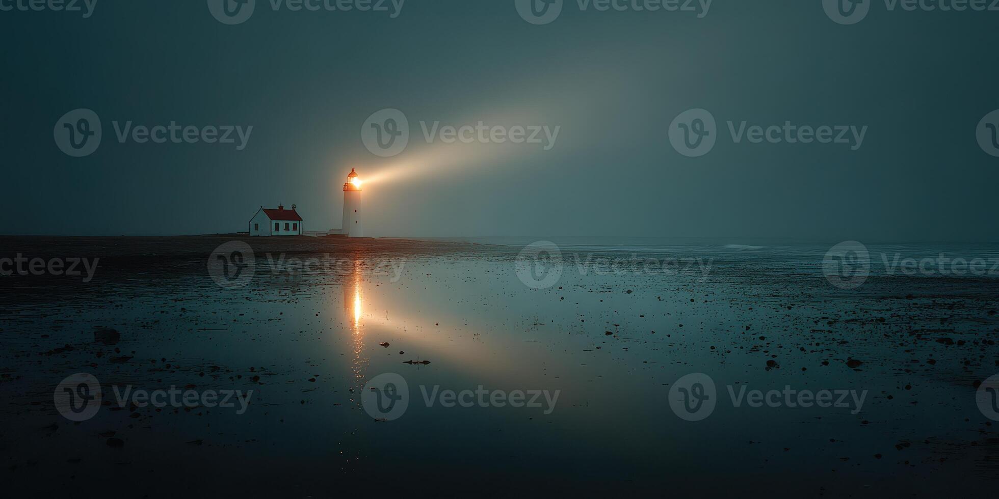 Lighthouse beams pierce through dense fog on a coastal shore at dusk photo