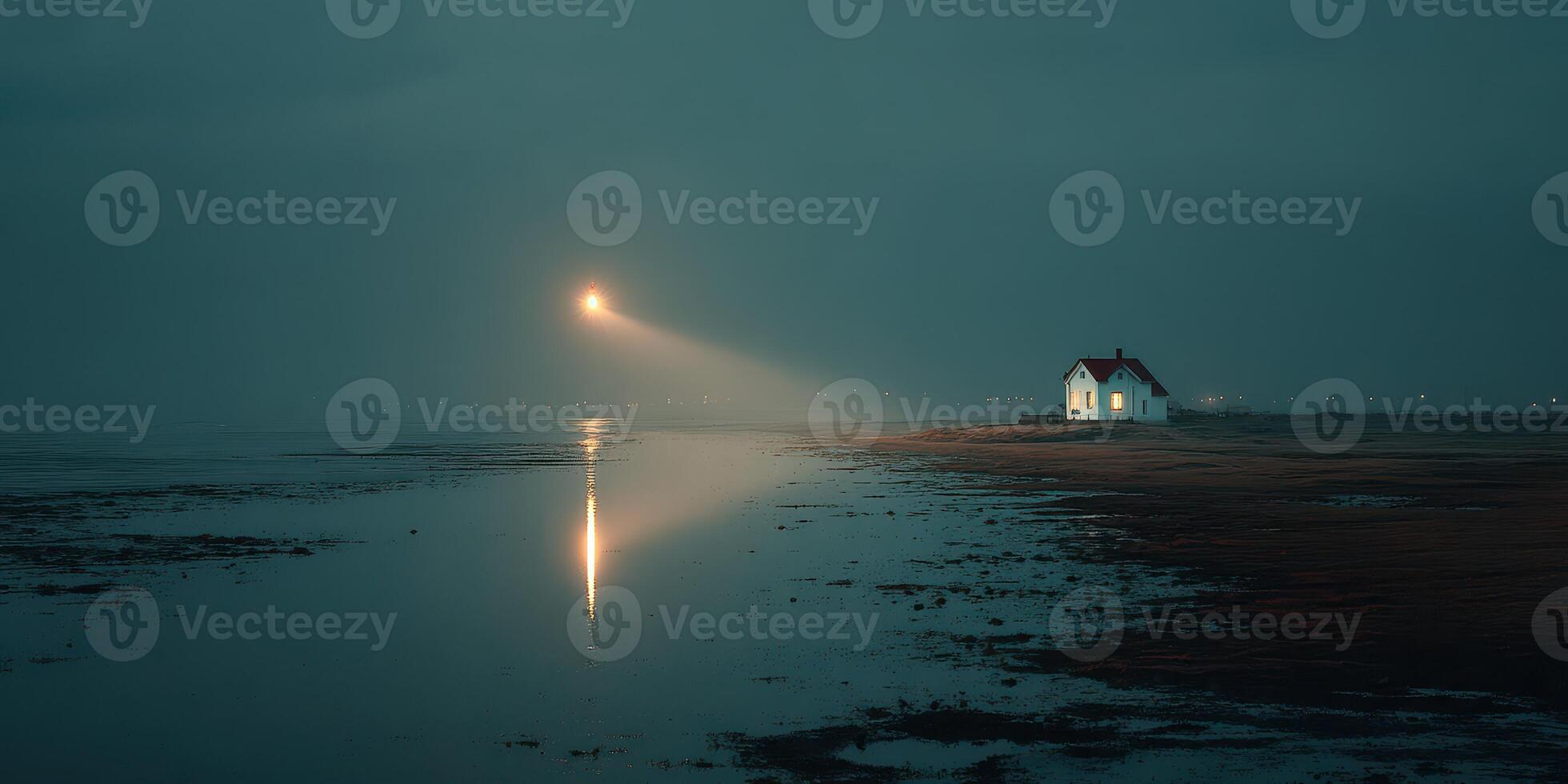 Lone house by the water reflects a distant lighthouse under foggy evening skies photo