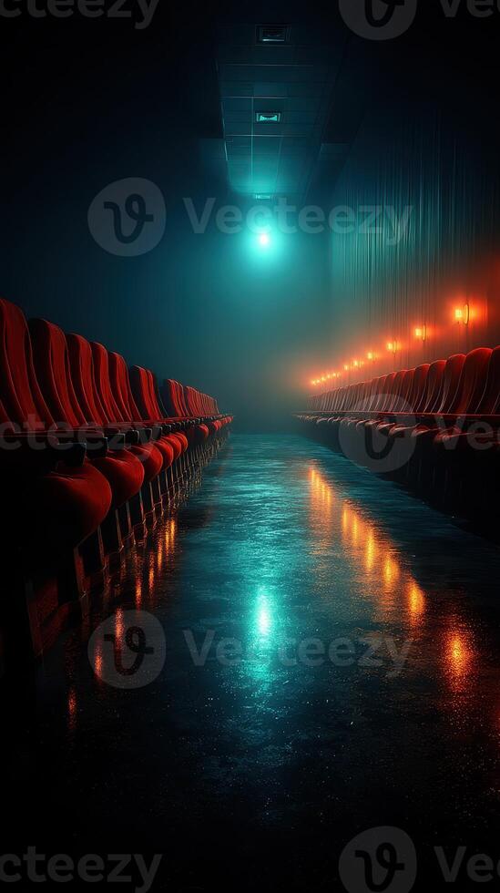 Vibrant red theater seats lined in a dark, misty environment with reflective floor and ambient lighting at night photo