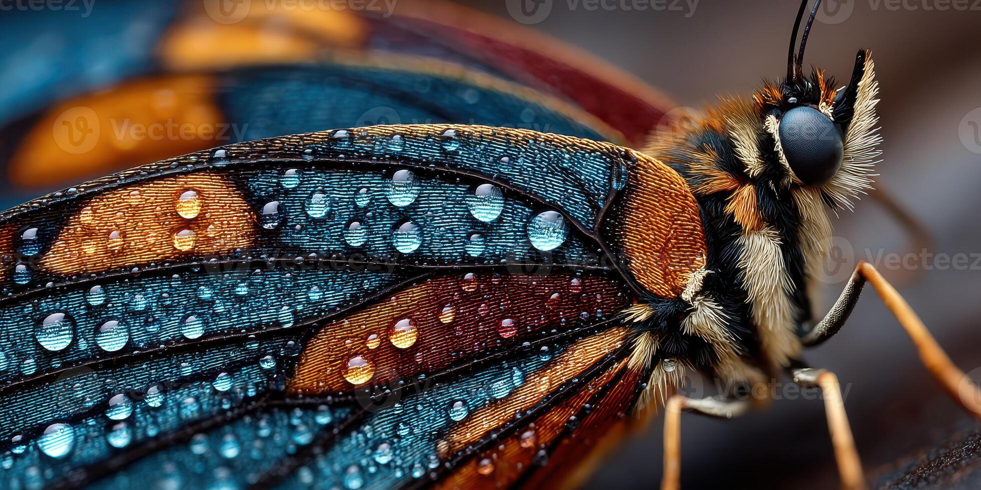 Close-up of a vibrant butterfly with water droplets resting on its colorful wings in a natural setting photo