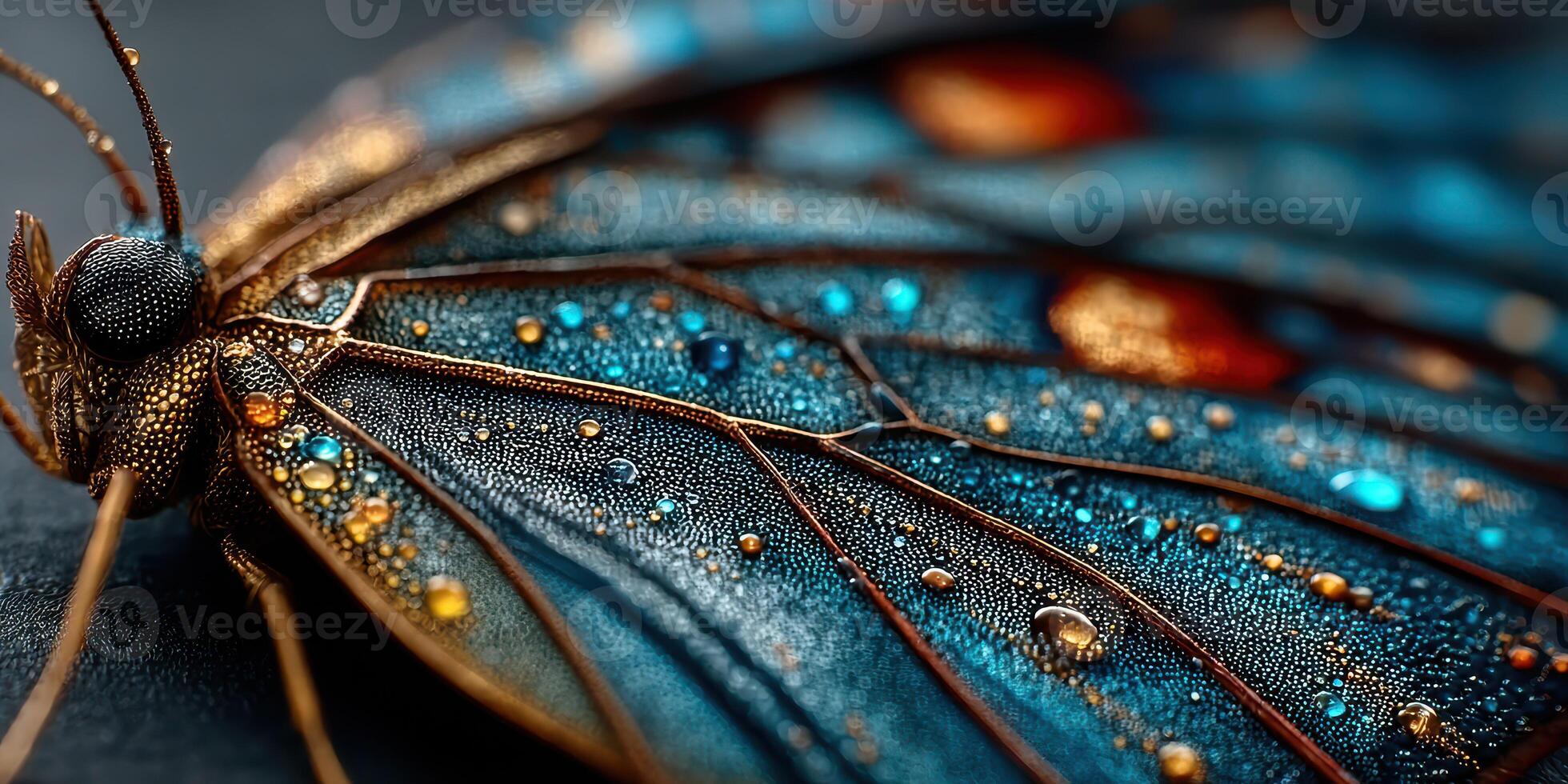 Detailed close-up of a vividly colored butterfly showcasing intricate patterns and water droplets on its wings photo