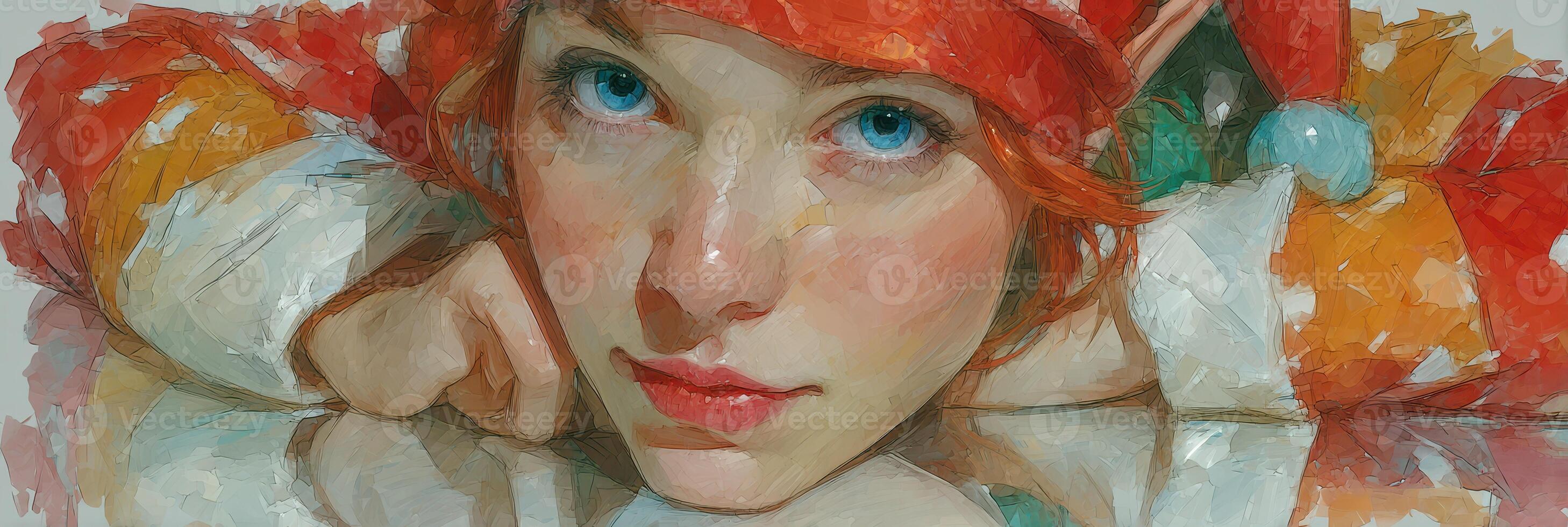 Young girl with vibrant red hair and orange outfit looks thoughtfully while resting on a reflective surface, showcasing artistic style photo