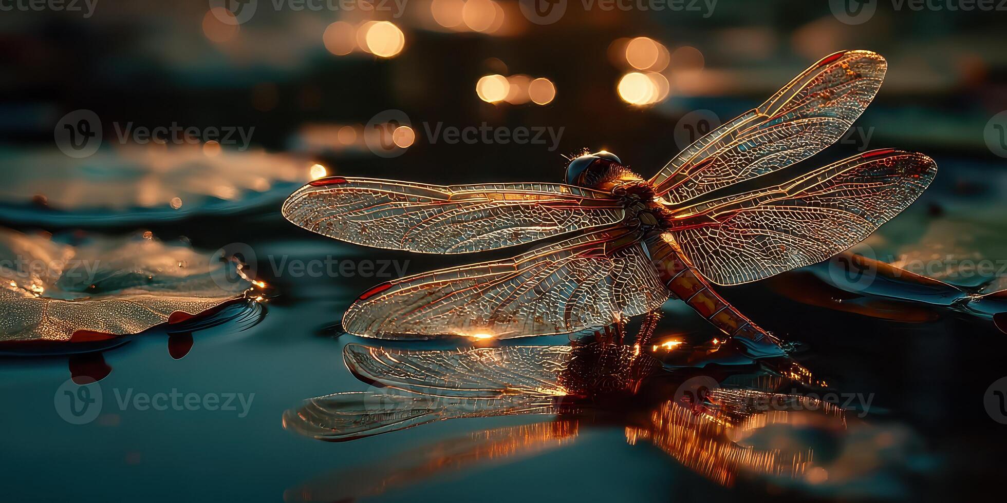 Dragonfly resting on a water lily at dusk with shimmering reflections in a tranquil pond setting photo