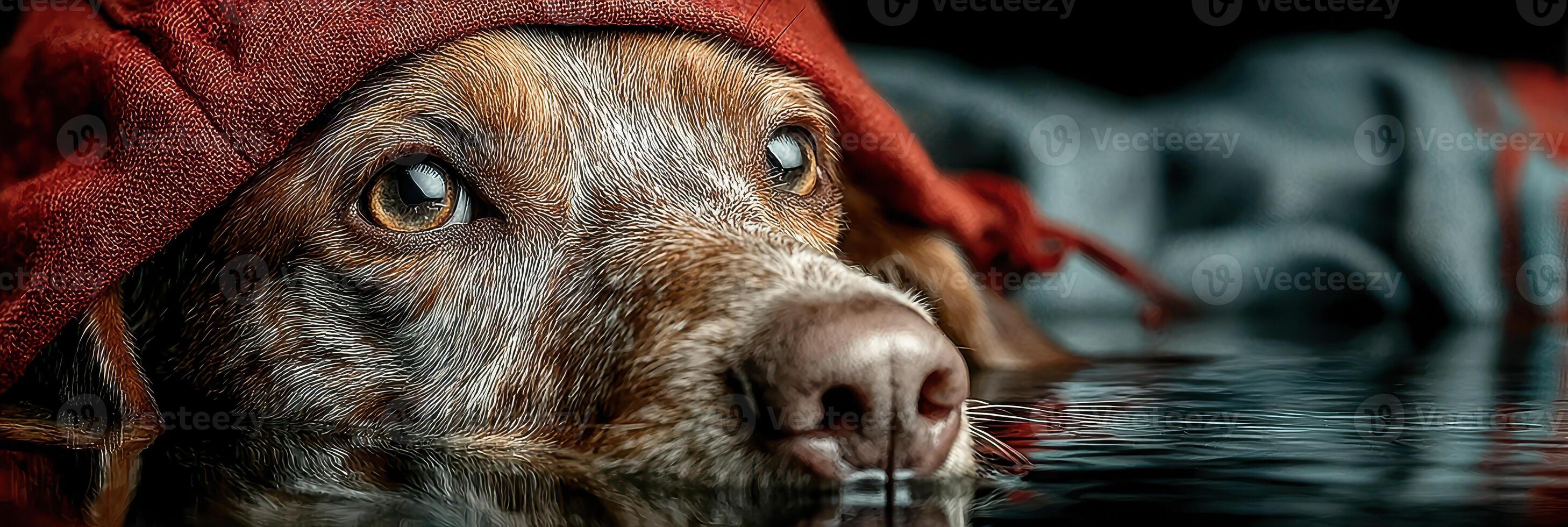 Dog resting quietly in water with a red hat and a serene expression during a calm afternoon photo