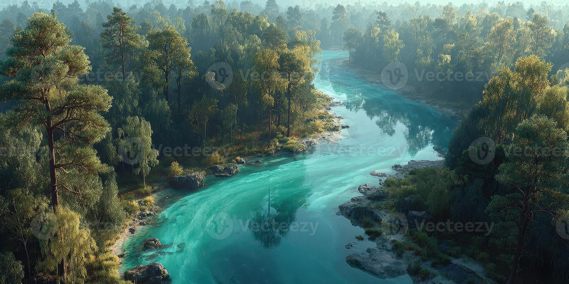 Tranquil river flows through a lush green forest at dawn with mist rising over the water photo