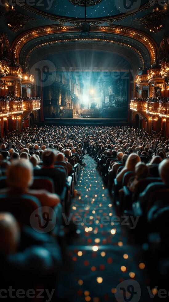 Crowd enjoy a cinematic experience in an ornate theater during an evening screening photo