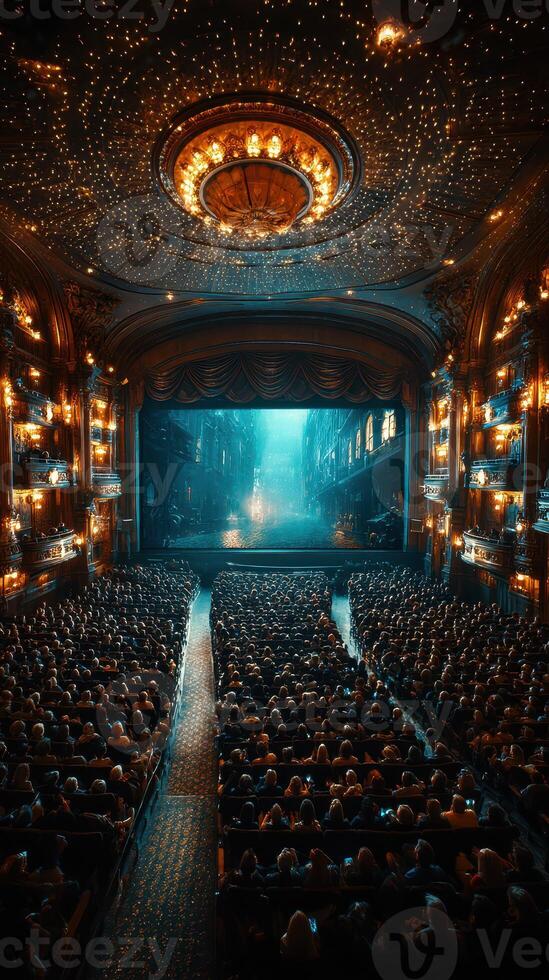 Audience enjoying a captivating performance in an ornate theater during an evening show photo