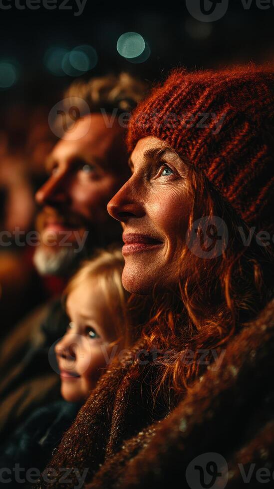 Family enjoying an outdoor event at night with vibrant lights illuminating their faces photo