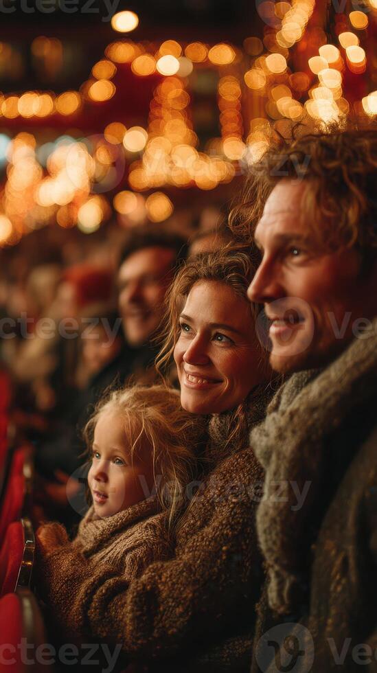 Smiling family enjoying a festive performance under warm lights during the holiday season photo