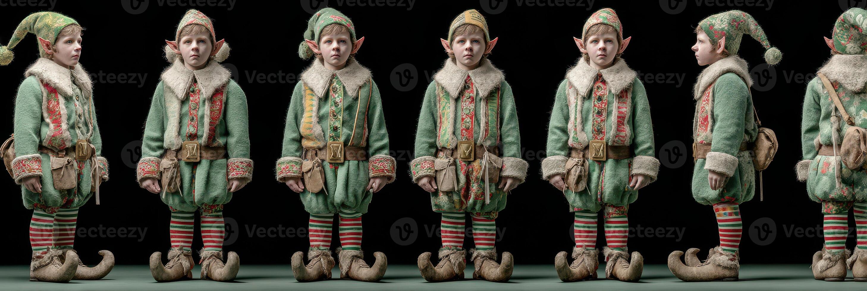 Traditional elf costumes on display featuring a variety of poses and angles highlighting intricate details and festive colors photo