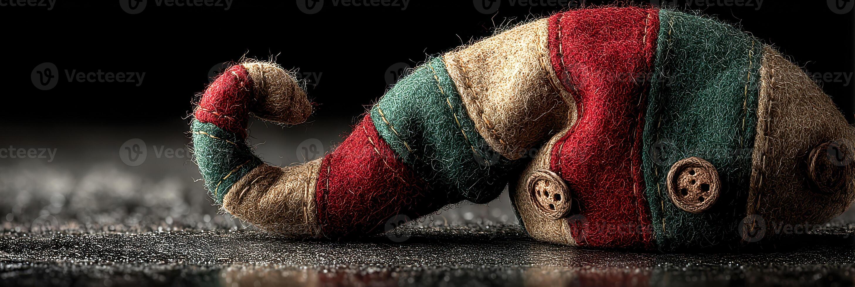 Colorful textile creature rests on a dark surface, showcasing unique patterns and textures during a creative art project photo