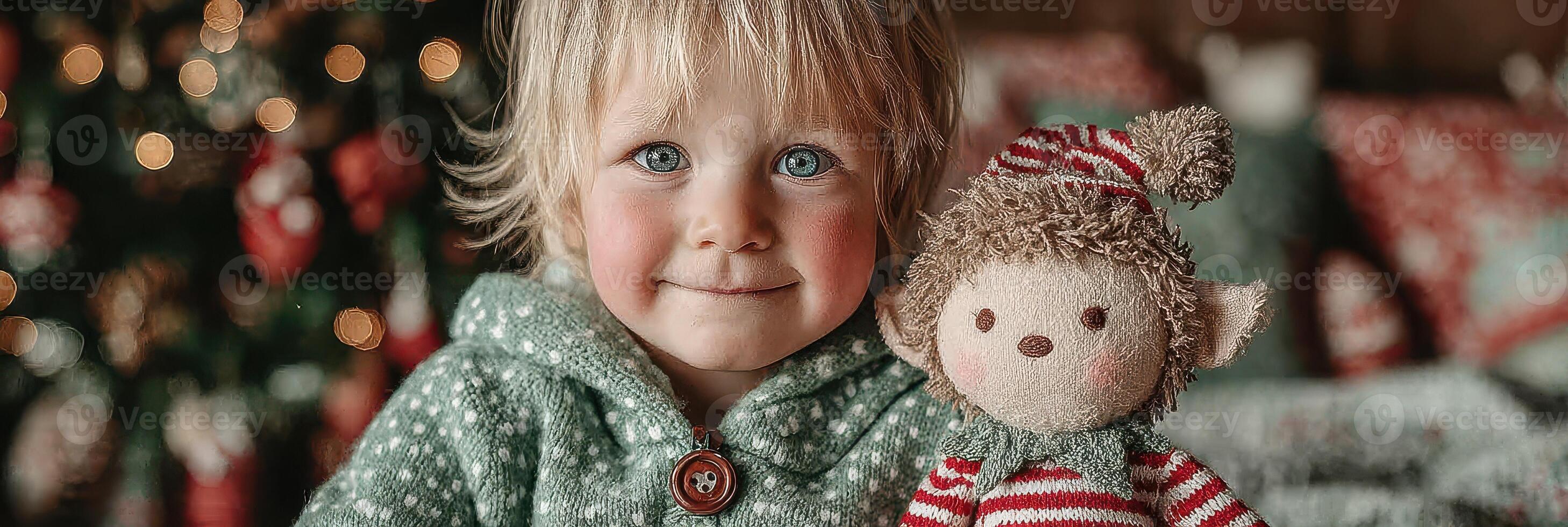Happy child with elf toy celebrating joyful holiday moments in a cozy indoor setting photo