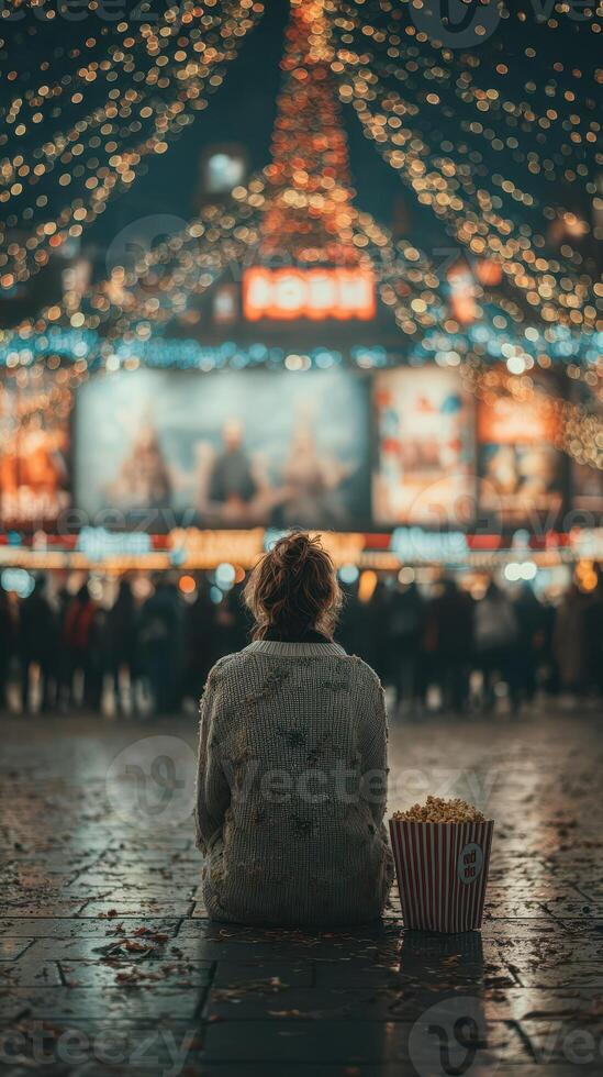 Cozy evening in a festive square with popcorn and twinkling lights photo