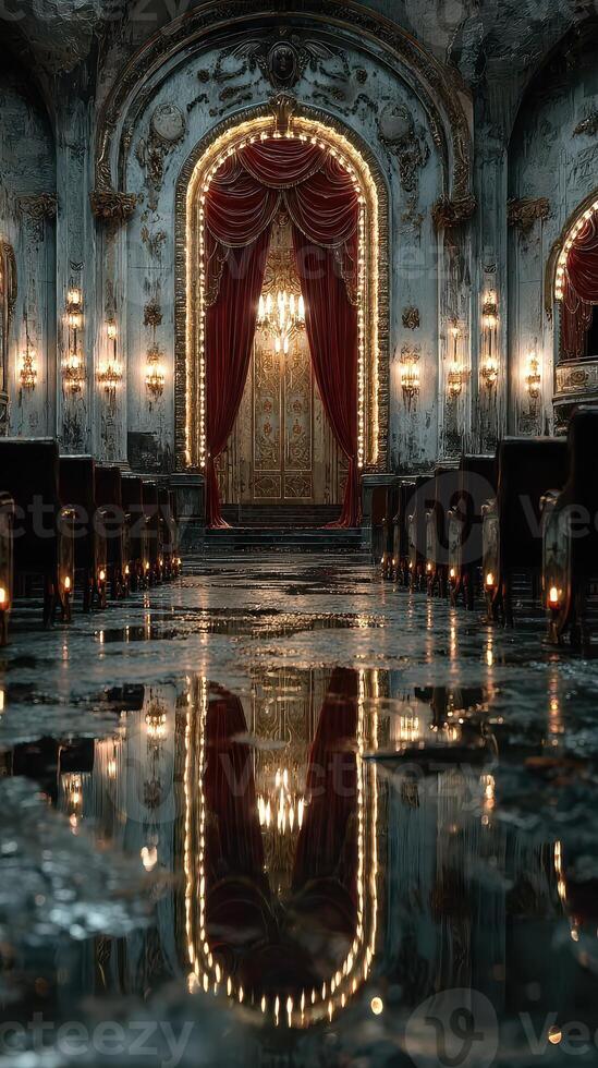 Elegant abandoned theater featuring intricate architecture with reflections on water at dusk photo