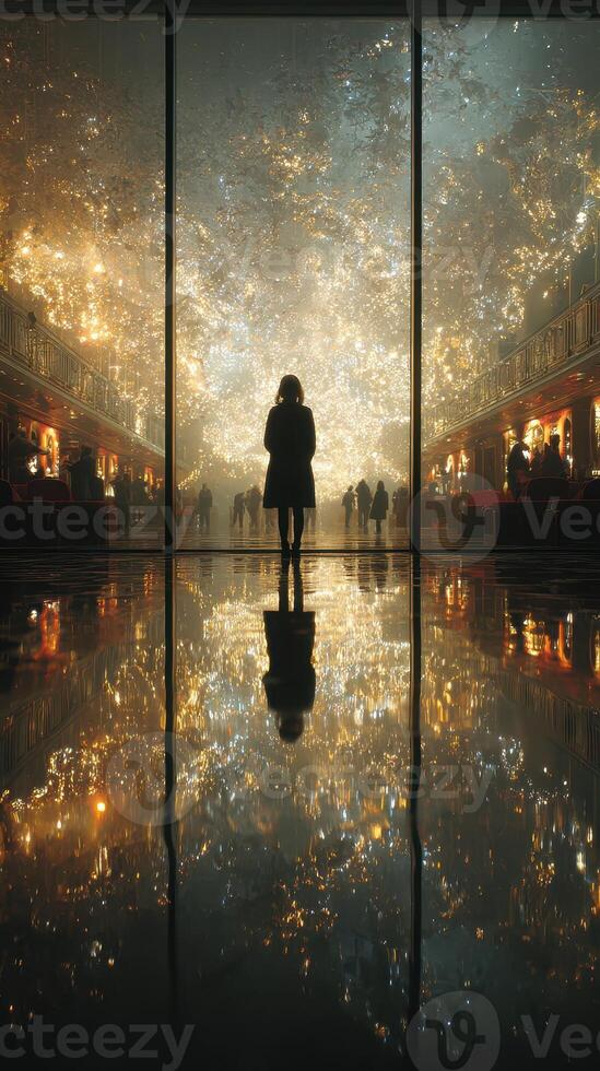 Unique light display captivates visitors in a modern architectural space during evening hours photo