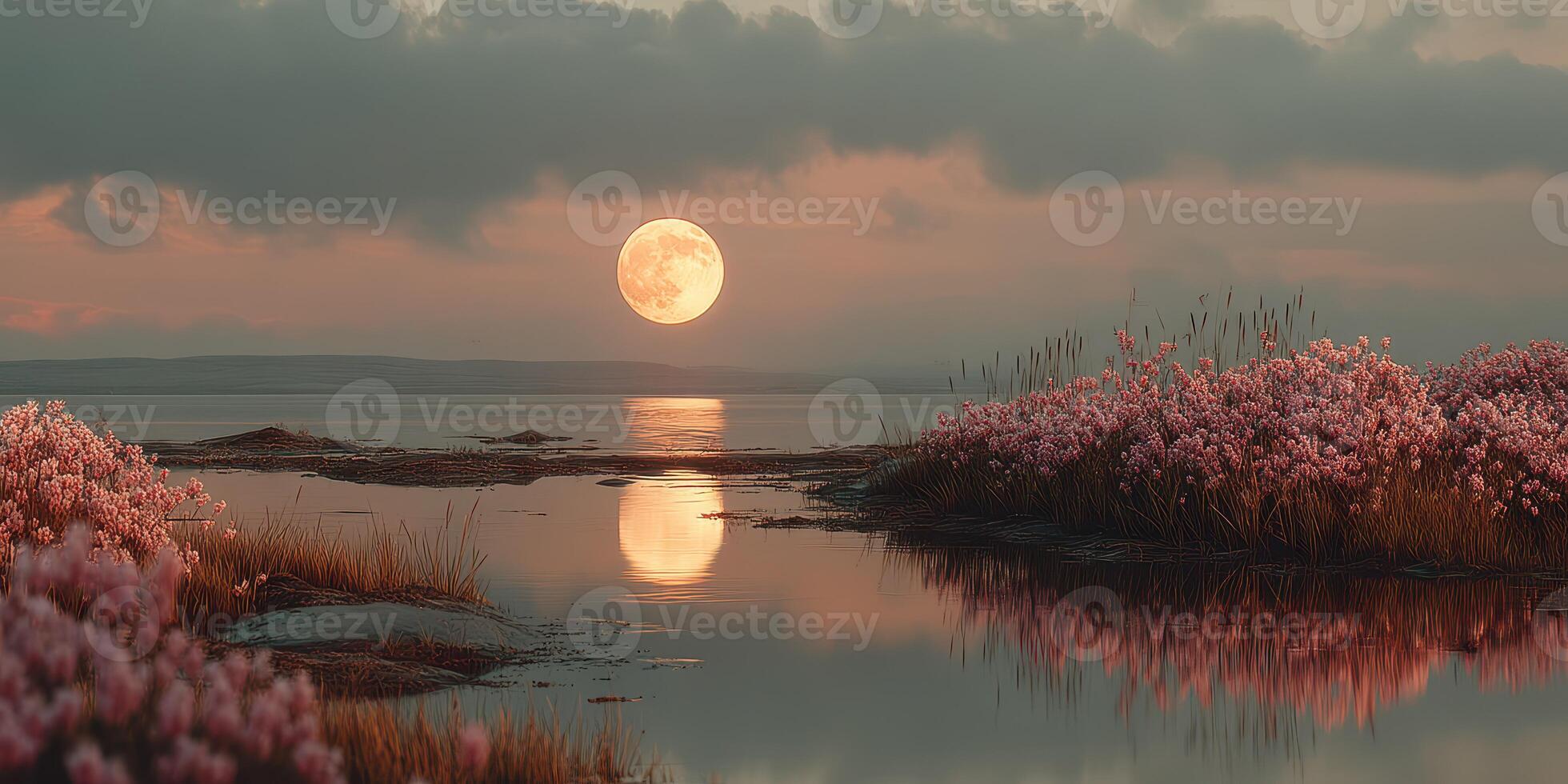 Stunning sunset over tranquil water with blooming flowers and a full moon reflection at dusk photo
