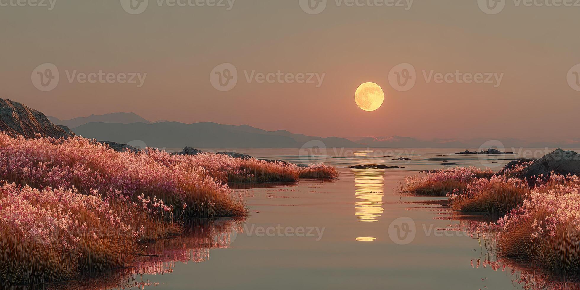Serene sunset over tranquil water reflecting a full moon with pink grass along the shore at dusk photo