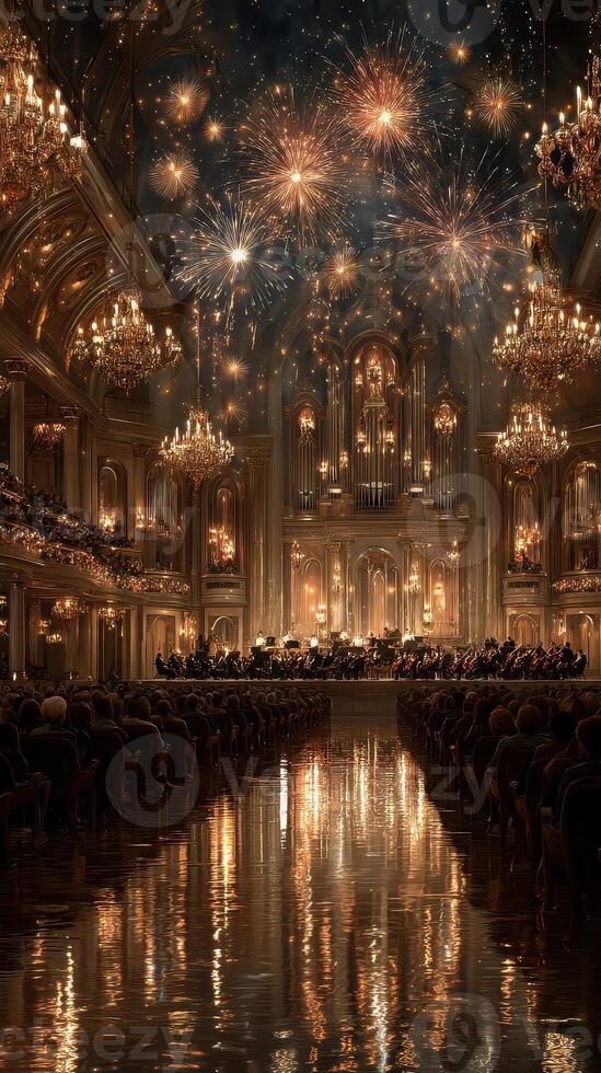 Elegant concert hall illuminated by chandeliers and fireworks celebrating a special performance at night photo