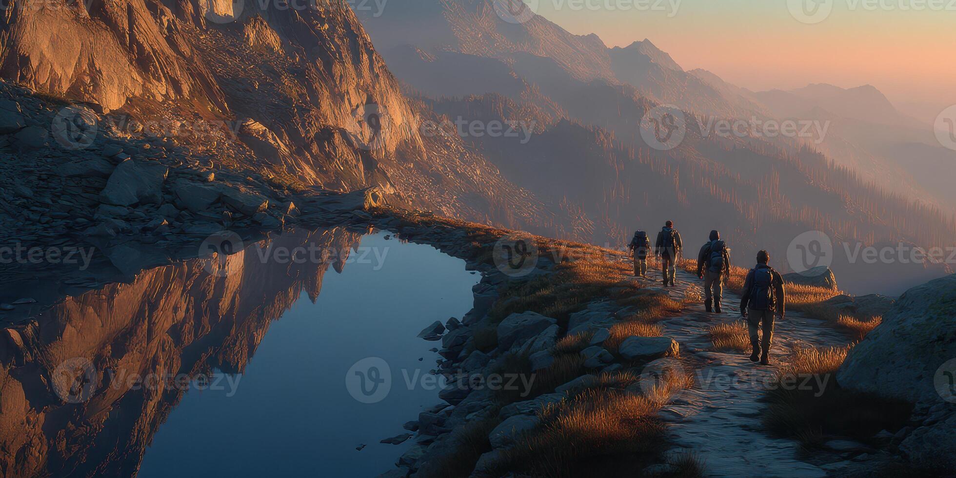 Hikers exploring a mountain trail during sunset near a tranquil lake with reflections in the water photo