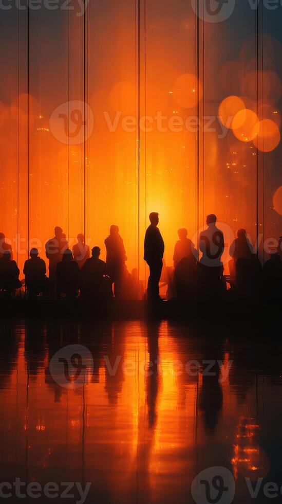 Silhouetted figures enjoying a vibrant sunset reflection in an urban setting during the evening photo