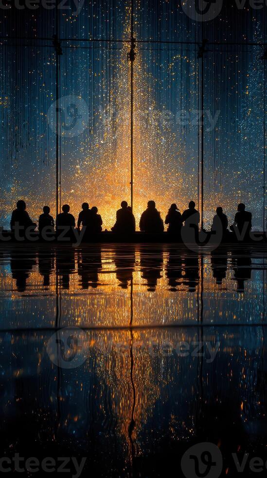 People viewing a stunning light display with sparkling reflections at a popular venue during the evening hours photo