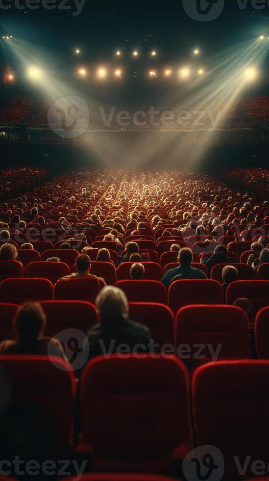 Crowd of spectators enjoying a performance in a red velvet seated theater during evening hours photo